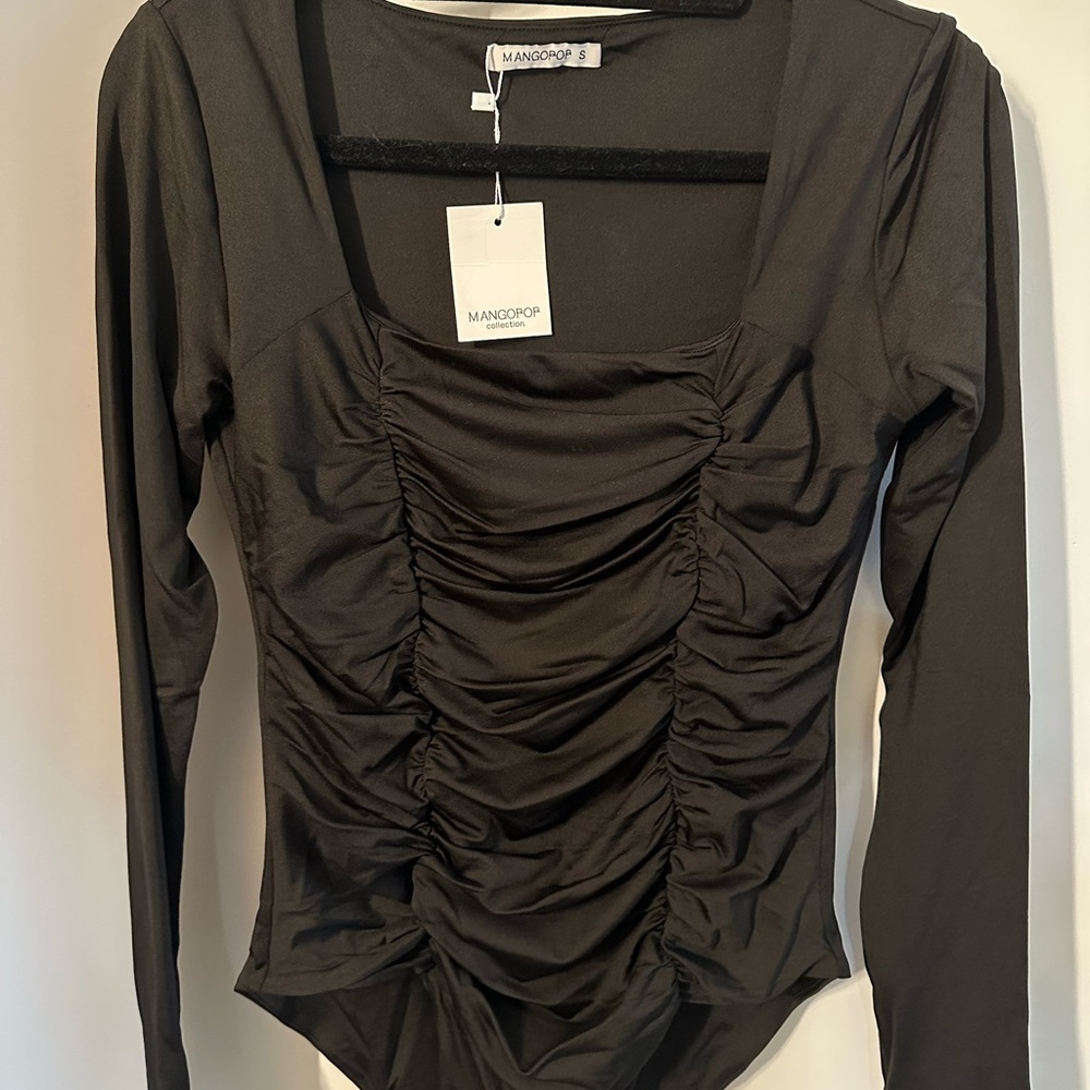 Mango Black Ruched Long-Sleeve Bodysuit